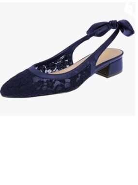 Maiyang Blue Almond Toe Flower Mesh Slingback Back Bowknot Block Low Heels Pumps
